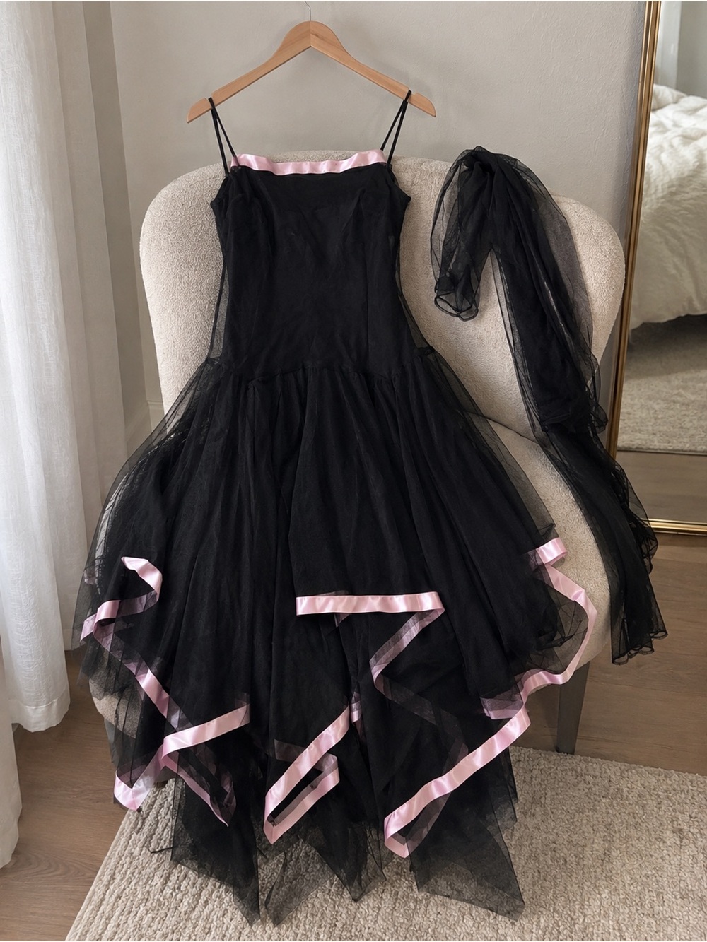 Black Tulle Dress with Pink Trim - Women's Dress